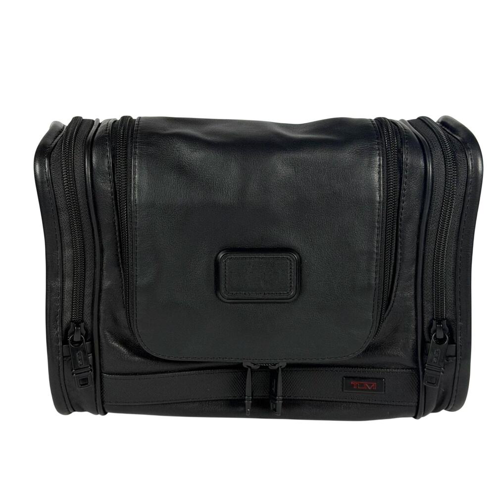 Tumi Alpha Black Leather Hanging Toiletry Bag Travel Kit Dopp Kit Organizer